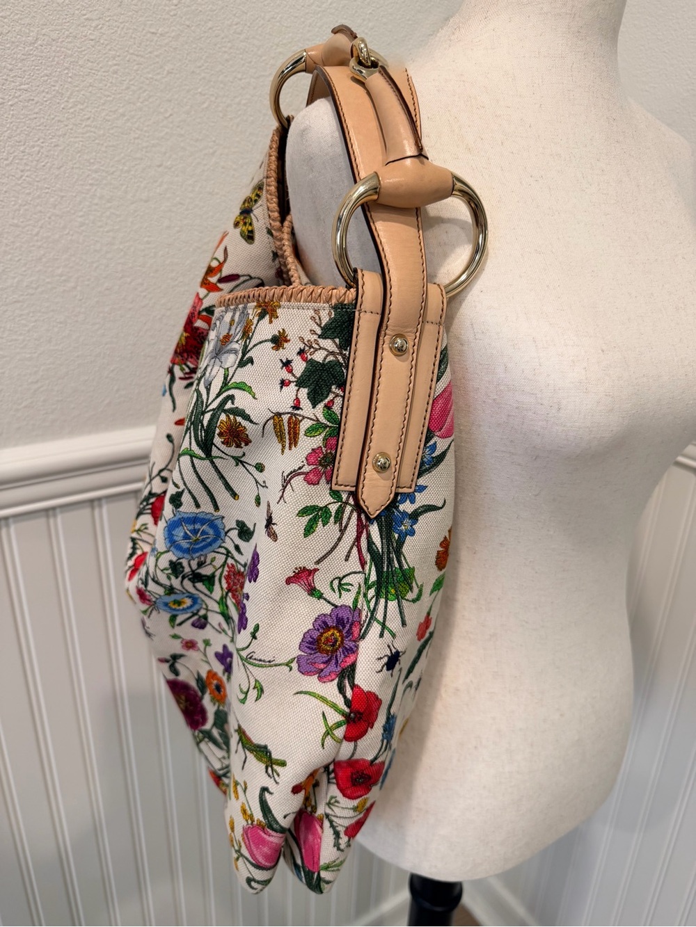 Gucci Flora Canvas Horsebit Large Hobo Bag with Leather Trim